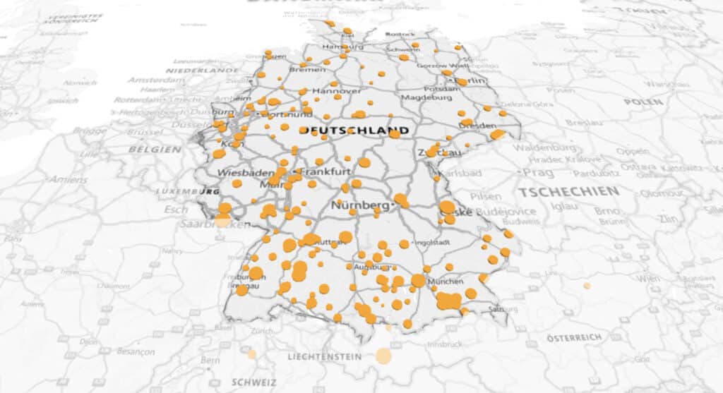 Karte der Handwerkspartner von Sandler Energie für Gebäude in ganz Deutschland als Montageoption