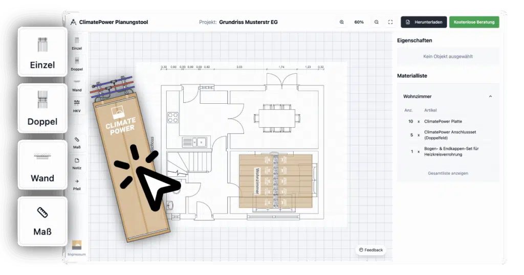 Screenshot des Planungstools für Flächenheizung